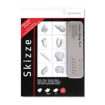 HAHNEMÜHLE SKIZZE BLOCCO DA SCHIZZO 96 G + ASTUCCIO CON 6 MATITE DI GRAFITE IN OMAGGIO