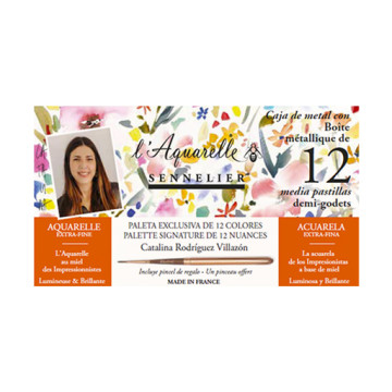 SENNELIER L'AQUARELLE TAVOLOZZA ESCLUSIVA CATALINA RODRÍGUEZ VILLAZÓN - SCATOLA METALLO 12 MEZZI GODET + PENNELLO IN OMAGGIO