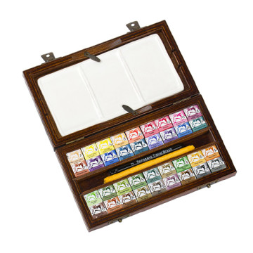 RENESANS WOODEN WATERCOLOUR BOX SET OF 36 HALF PANS + CERAMIC PALETTE + SPONGE + TRAVEL BRUSH