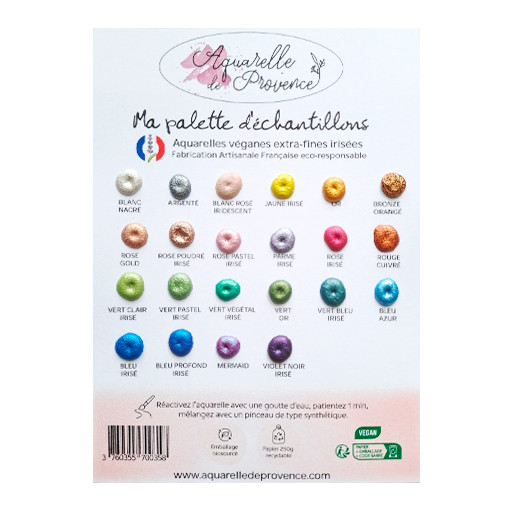 AQUARELLE DE PROVENCE MA PALETTE D'ECHANTILLONS - DOT CARD AQUARELLE VÉGANE - 22 COULEURS IRIDESCENTES