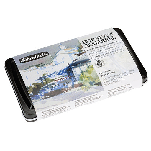 SCHMINCKE HORADAM CESC FARRÉ LIMITED EDITION – WATERCOLOUR SET: 10 MEDIUM-SIZED GODET PANELS IN ASSORTED COLOURS + OCEAN GREY GO