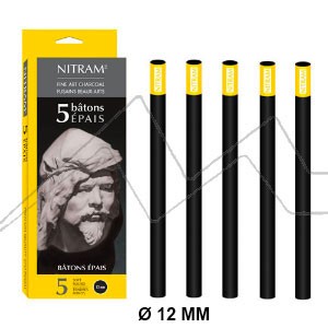 NITRAM PACK OF 5 ROUND WIDE CHARCOAL STICKS (12MM)