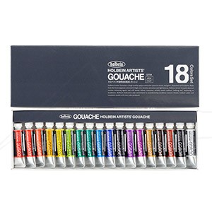 HOLBEIN ARTISTS GOUACHE CARDBOARD BOX SET OF 18 X 5 ML TUBES ASSORTED COLOURS