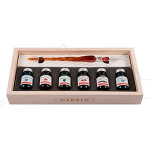 HERBIN CALLIGRAPHY WOODEN BOX SET WITH GLASS PEN AND 6 INK TONES
