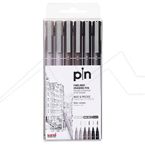 UNI PIN 200S SET OF 6 FINELINER PENS GREY AND BLACK