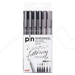 UNI PIN 200S SET 6 CALIBRATED BLACK AND GREY BRUSH TIP PENS HLG LETTERING