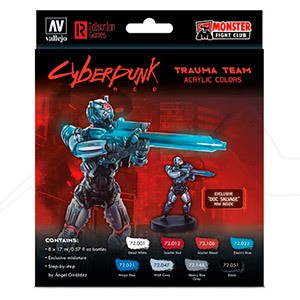 VALLEJO CYBERPUNK RED TRAUMA TEAM SET OF 8 COLOURS AND DOC SALVAJE FIGURE BY ANGEL GIRALDEZ 72310