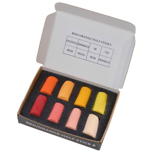 UNISON SOFT PASTELS CARDBOARD BOX WITH 8 HALF SOFT PASTELS SELECTION RED AND ORANGE