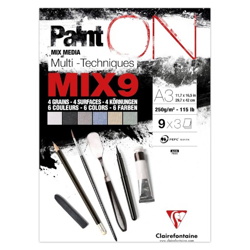 CLAIREFONTAINE PAINT ON MIX 9 MIXED MEDIA PAPER PAD ASSORTED COLOURS 250 G