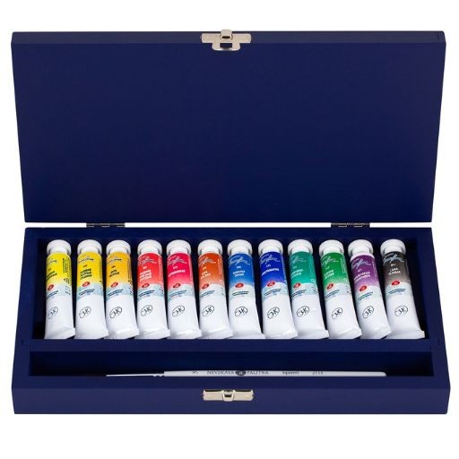 ST PETERSBURG WHITE NIGHTS BLUE WOODEN WATERCOLOUR BOX SET OF 12 TUBES AND BRUSH