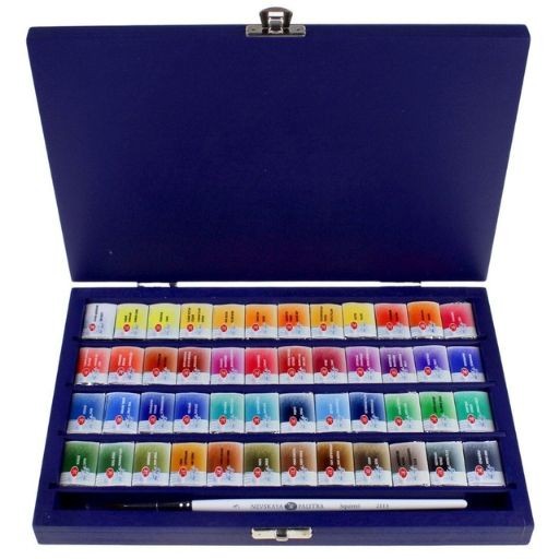 ST PETERSBURG WHITE NIGHTS BLUE WOODEN WATERCOLOUR BOX SET OF 48 PANS AND BRUSH