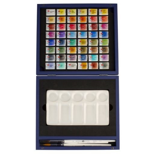 ST PETERSBURG WHITE NIGHTS BLUE WOODEN WATERCOLOUR BOX SET OF 48 PANS WITH CERAMIC PALETTE AND 4 BRUSHES