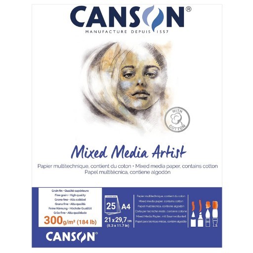 CANSON MIXED MEDIA ARTIST BLOCCO COLLATO 1 LATO 25 FOGLI 300 G 10% COTONE - GRANA FINE