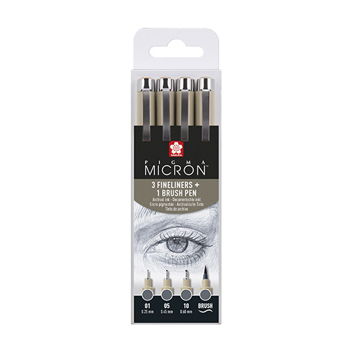 SAKURA PIGMA MICRON SET 3 PENNARELLI FINELINER + 1 PENNARELLO PUNTA A PENNELLO GRIGIO FREDDO