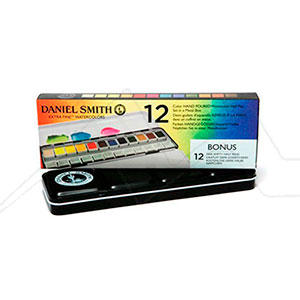 DANIEL SMITH HAND POURED WATERCOLOUR HALF PANS METAL TIN SET OF 12 HALF PANS - STANDARD METAL BOX