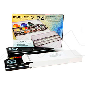 DANIEL SMITH HAND POURED WATERCOLOUR HALF PANS METAL TIN SET OF 24 HALF PANS AND EXTRA EMPTY BOX - STANDARD METAL BOX