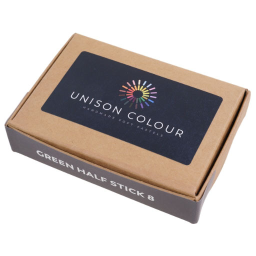 UNISON SOFT PASTELS CARDBOARD BOX WITH 8 HALF SOFT PASTELS GREEN SELECTION