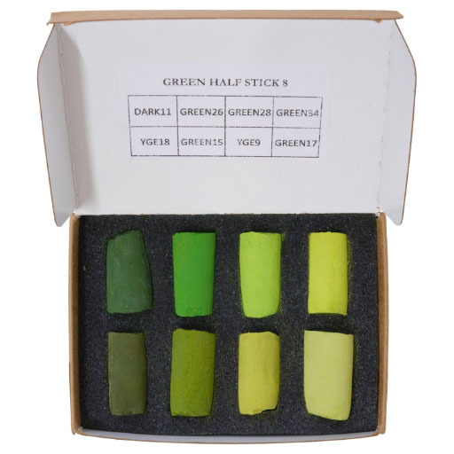 UNISON SOFT PASTELS CARDBOARD BOX WITH 8 HALF SOFT PASTELS GREEN SELECTION