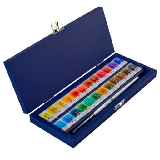 ST PETERSBURG WHITE NIGHTS BLUE WOODEN WATERCOLOUR BOX SET OF 24 PANS AND BRUSH