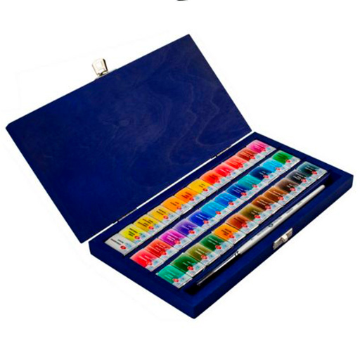 ST PETERSBURG WHITE NIGHTS BLUE WOODEN WATERCOLOUR BOX SET OF 36 PANS AND BRUSH