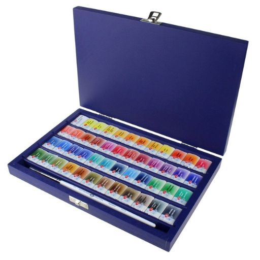 ST PETERSBURG WHITE NIGHTS BLUE WOODEN WATERCOLOUR BOX SET OF 48 PANS AND BRUSH