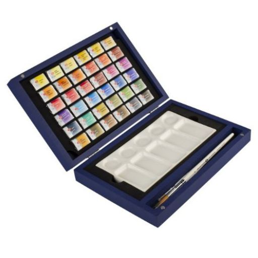 ST PETERSBURG WHITE NIGHTS BLUE WOODEN WATERCOLOUR BOX SET OF 36 PANS WITH CERAMIC PALETTE AND 3 BRUSHES
