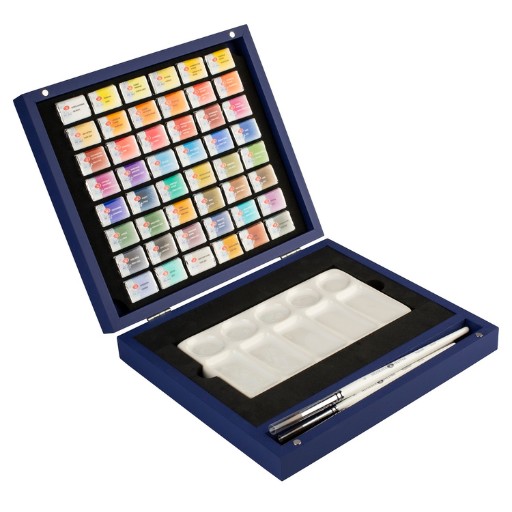 ST PETERSBURG WHITE NIGHTS BLUE WOODEN WATERCOLOUR BOX SET OF 48 PANS WITH CERAMIC PALETTE AND 4 BRUSHES