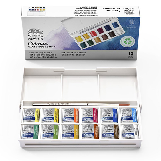 WINSOR & NEWTON SET DE BOLSILLO SKETCHER ACUARELA COTMAN 12 MEDIOS GODETS + PINCEL