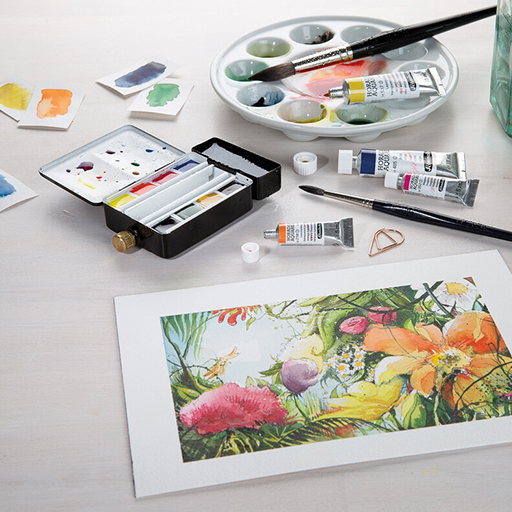 SCHMINCKE AQUARELLE HORADAM BOÎTE MÉTAL 8 DEMI-GODETS + POT D'EAU