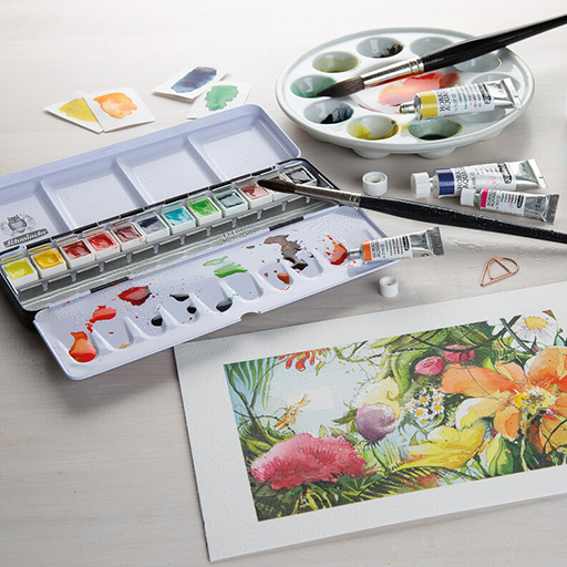 SCHMINCKE HORADAM AQUARELL CAJA DE ACUARELA METÁLICA CON 12 MEDIOS GODETS Y ESPACIOS VACIOS PARA OTROS 12