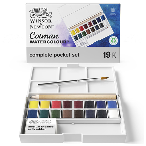 WINSOR & NEWTON COTMAN AQUARELLFARBE VOLLSTÄNDIGES TASCHENSET 16 HALBE NÄPFCHEN