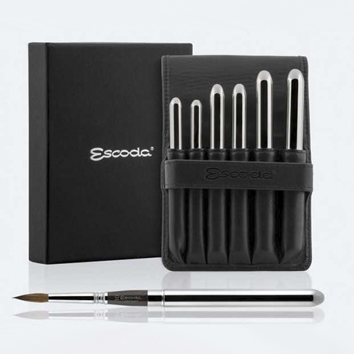 ESCODA ESTUCHE PETACA PIEL NEGRA SINTÉTICA CON PINCELES DE BOLSILLO PLATEADOS ÓPTIMO SERIE 1215