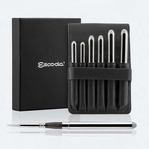 ESCODA PERLA SILVER TRAVEL BRUSH SET IN BLACK SYNTHETIC LEATHER CASE SERIES 1438