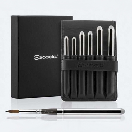 ESCODA PRADO SILVER TRAVEL BRUSH SET IN BLACK SYNTHETIC LEATHER CASE SERIES 1468