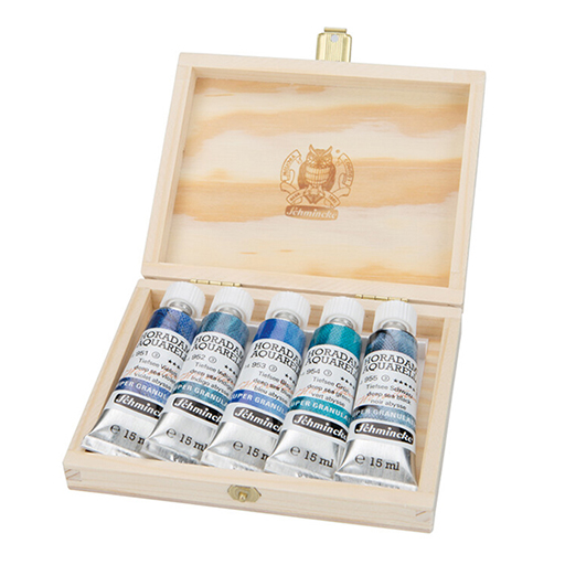 SCHMINCKE HORADAM AQUARELL SUPER GRANULATION IM HOLZKASTEN SERIE DEEP SEA 5 X 15 ML