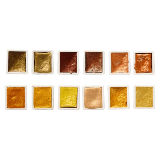 ETCHR PEARLESCENT WATERCOLOURS GOLDEN SET 12 HALBE NÄPFCHEN AQUARELLFARBEN IM METALLKASTEN