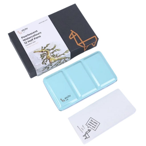 ETCHR PEARLESCENT WATERCOLOURS GOLDEN SET 12 HALBE NÄPFCHEN AQUARELLFARBEN IM METALLKASTEN