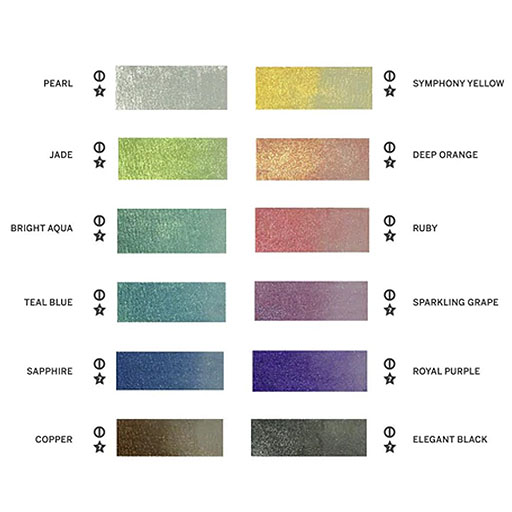 ETCHR PEARLESCENT WATERCOLOURS VERSATILE SET 12 HALBE NÄPFCHEN AQUARELLFARBE IM METALLKASTEN