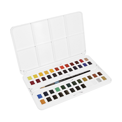 DALER ROWNEY AQUAFINE WATERCOLOUR TRAVEL SET 48 HALF PANS + BRUSH