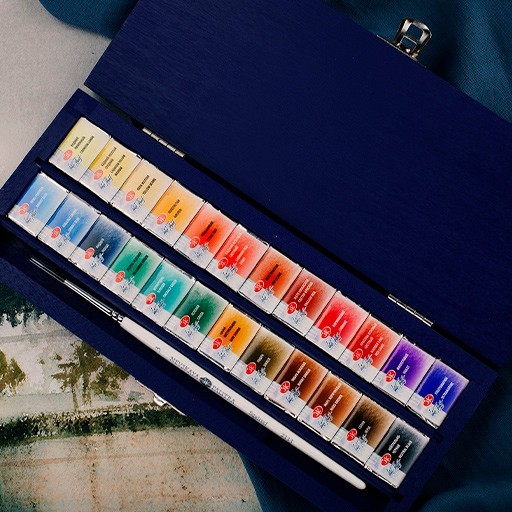 WHITE NIGHTS COFFRET BOIS BLEU AQUARELLE AVEC 24 GODETS ET PINCEAU