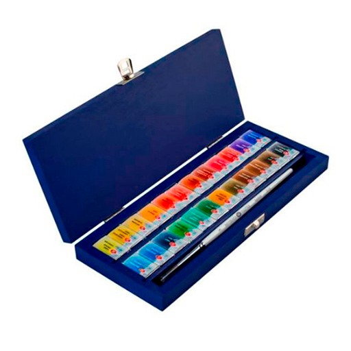 WHITE NIGHTS COFFRET BOIS BLEU AQUARELLE AVEC 24 GODETS ET PINCEAU