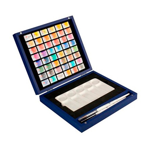 WHITE NIGHTS BLUE WOODEN WATERCOLOUR BOX SET OF 48 PANS WITH CERAMIC PALETTE AND 4 BRUSHES