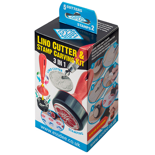 ESSDEE LINO CUTTER & STAMP CARVING KIT 3 EN 1 - SET BASIQUE DE 5 GOUGES + 2 TAMPONS + ACCESSOIRES