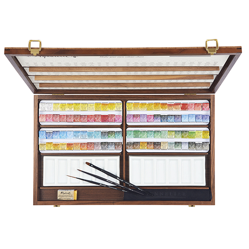 SENNELIER COFFRET EN NOYER AVEC 96 DEMI-GODETS D'AQUARELLE EXTRA-FINE + 3 PINCEAUX + ACCESSOIRES