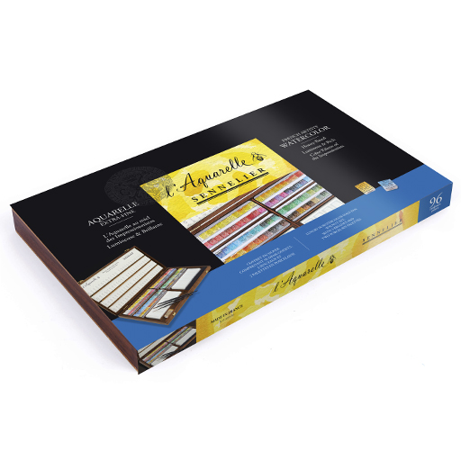 SENNELIER COFFRET EN NOYER AVEC 96 DEMI-GODETS D'AQUARELLE EXTRA-FINE + 3 PINCEAUX + ACCESSOIRES
