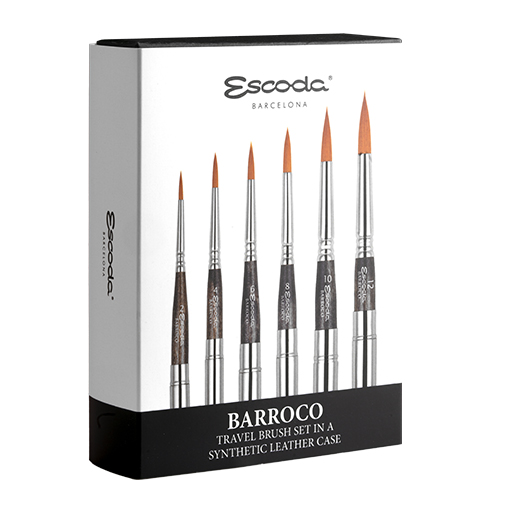 ESCODA BLACK SYNTHETIC LEATHER CASE WITH 6 BARROCO SILVER TRAVEL BRUSHES SERIES 1247