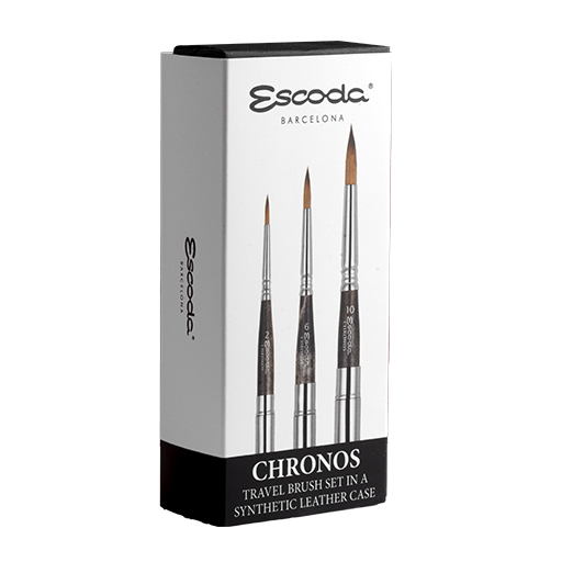 ESCODA BLACK SYNTHETIC LEATHER CASE WITH 3 CHRONOS SILVER TRAVEL BRUSHES SERIES 1256