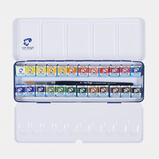 VAN GOGH WATERCOLOUR METAL BOX SET OF 24 HALF PANS + BRUSH