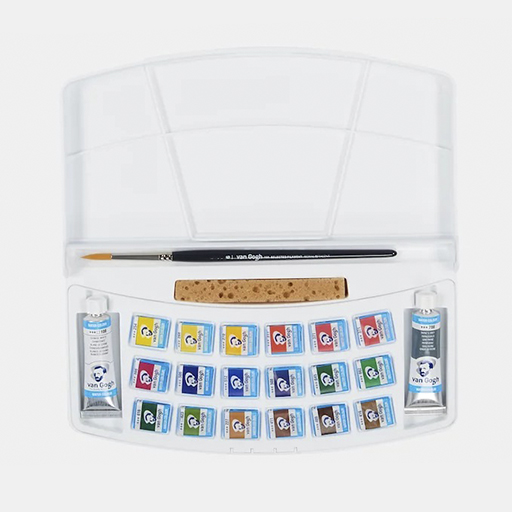 VAN GOGH WATERCOLOR PLASTIC BOX SET OF 18 HALF PANS + 2 X 10 ML TUBES + BRUSH