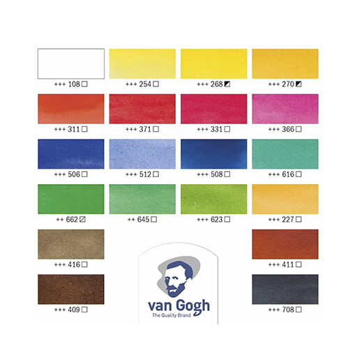 VAN GOGH WATERCOLOR PLASTIC BOX SET OF 18 HALF PANS + 2 X 10 ML TUBES + BRUSH